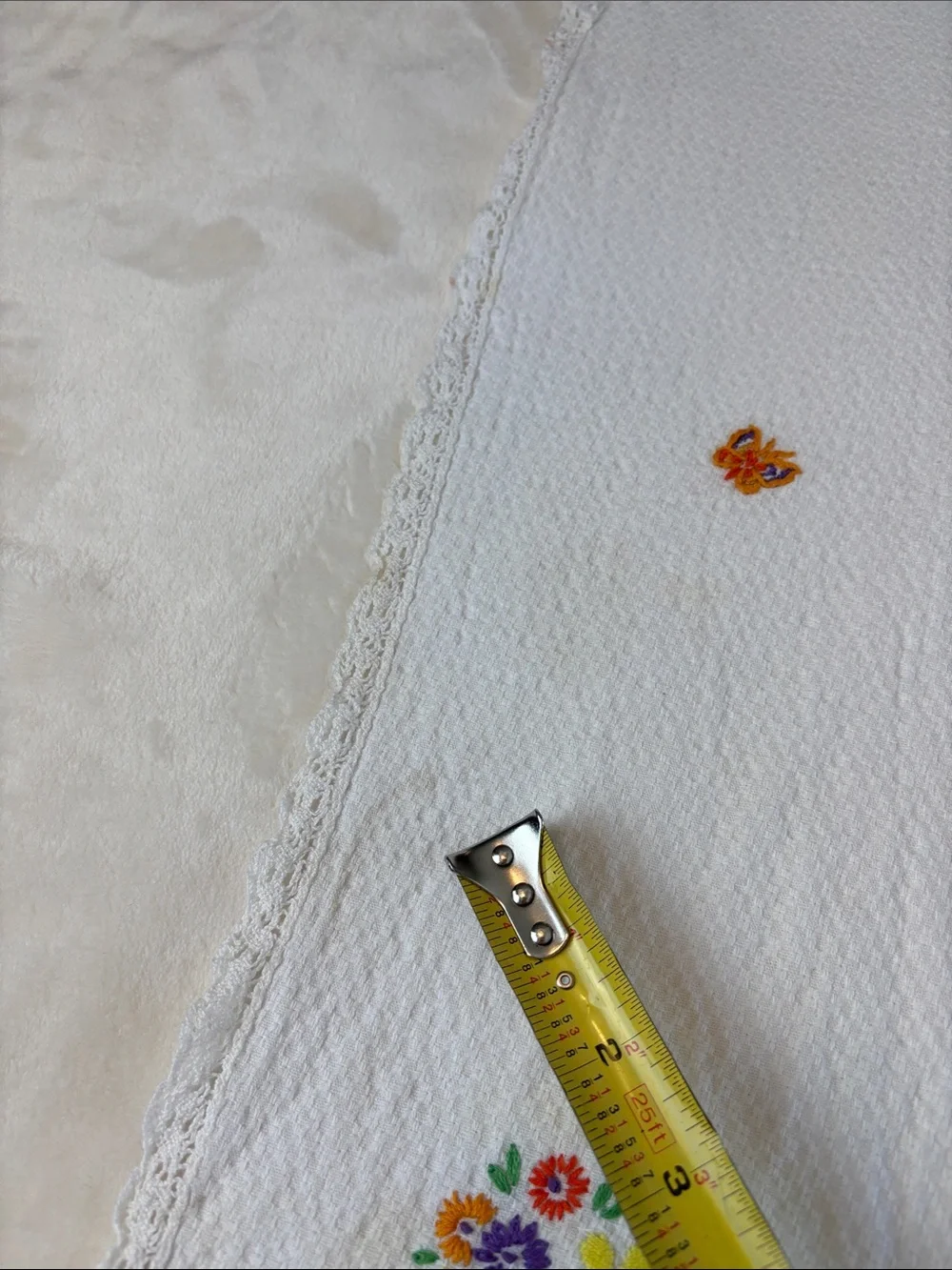 Vintage Hand-Embroidered Floral Linen Runner with Lace Trim w/Butterflies Sweet!